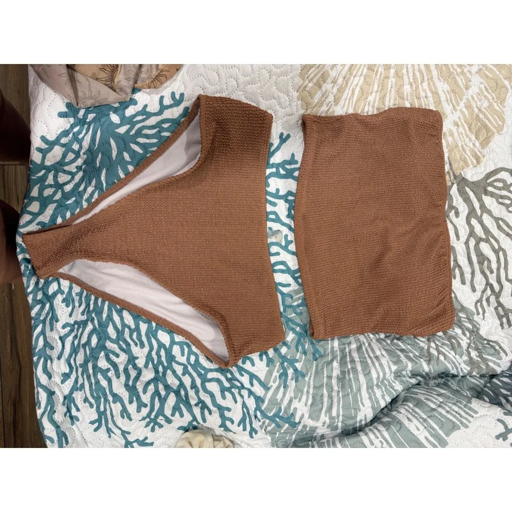 Unbranded Terracotta Brown Smocked Bandeau Bikini Set with Sun Mesh Sarong L
